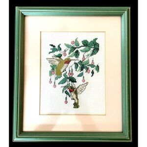 Framed Cross-Stitch Of Hummingbirds With Pink Flowers In Green Wooden Frame